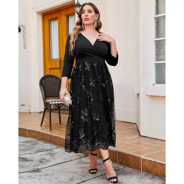 GRAPENT Womens Plus Size Sequin 34 Sleeves Evening Gown Party Long Maxi DressBlack
