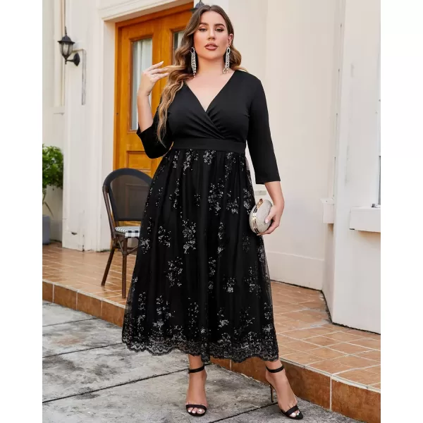 GRAPENT Womens Plus Size Sequin 34 Sleeves Evening Gown Party Long Maxi DressBlack
