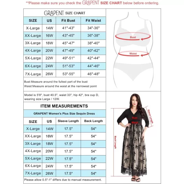 GRAPENT Womens Plus Size Sequin 34 Sleeves Evening Gown Party Long Maxi DressBlack