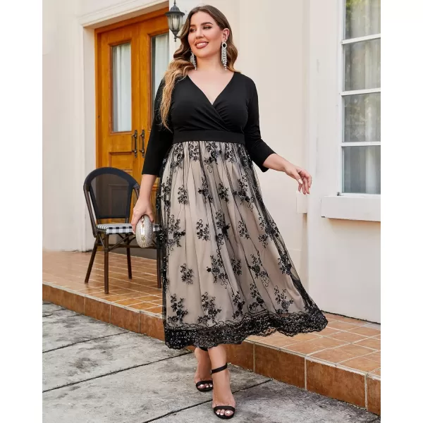 GRAPENT Womens Plus Size Sequin 34 Sleeves Evening Gown Party Long Maxi DressChampagne Black
