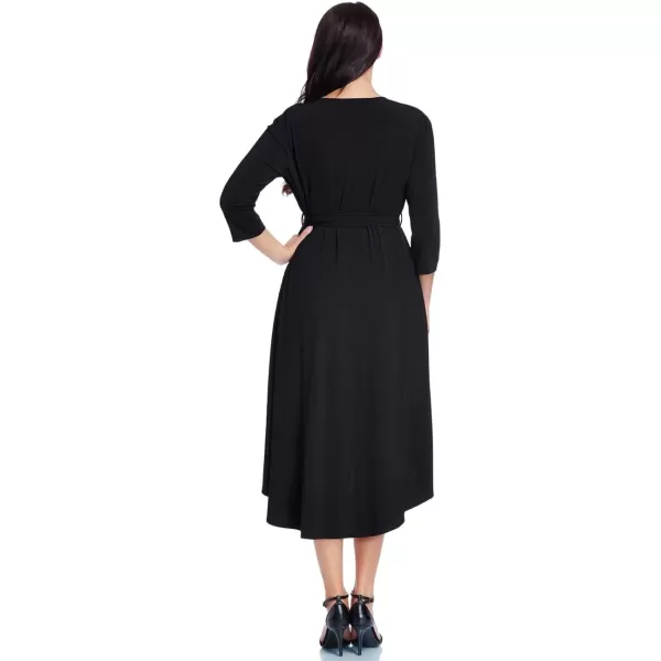 GRAPENT Womens Plus Size Solid V Neck Knee Length 34 Sleeve Hi Lo True Wrap DressBlack  Faux Wrap