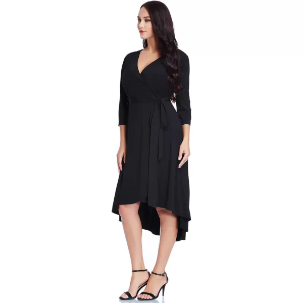 GRAPENT Womens Plus Size Solid V Neck Knee Length 34 Sleeve Hi Lo True Wrap DressBlack  Faux Wrap