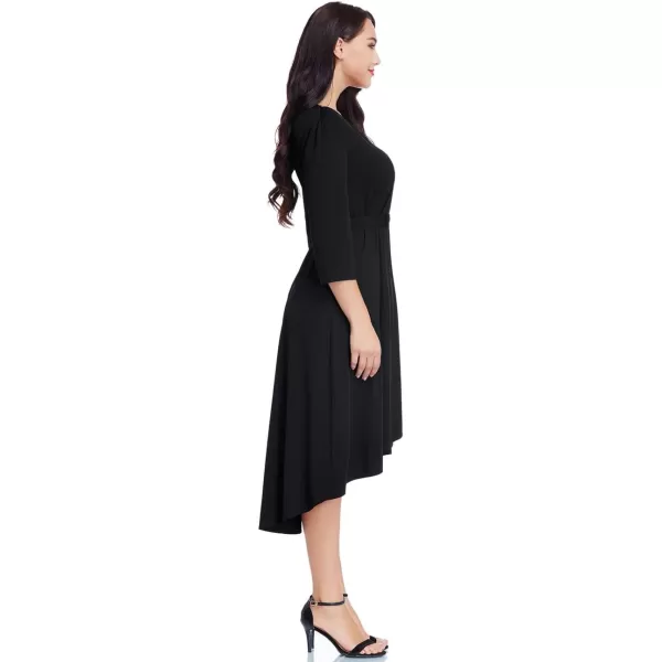 GRAPENT Womens Plus Size Solid V Neck Knee Length 34 Sleeve Hi Lo True Wrap DressBlack  Faux Wrap