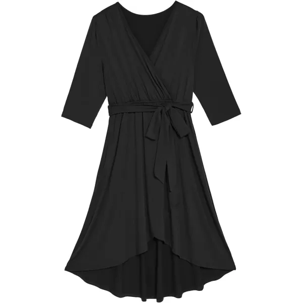 GRAPENT Womens Plus Size Solid V Neck Knee Length 34 Sleeve Hi Lo True Wrap DressBlack  Faux Wrap