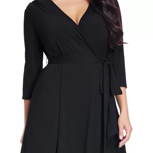 GRAPENT Womens Plus Size Solid V Neck Knee Length 34 Sleeve Hi Lo True Wrap DressBlack  Faux Wrap