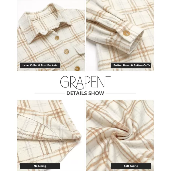 GRAPENT Womens Shacket Jacket Oversized Plaid Flannel Button Down Shirt Jackets Long Sleeve CoatsAlmond Cream Plaid