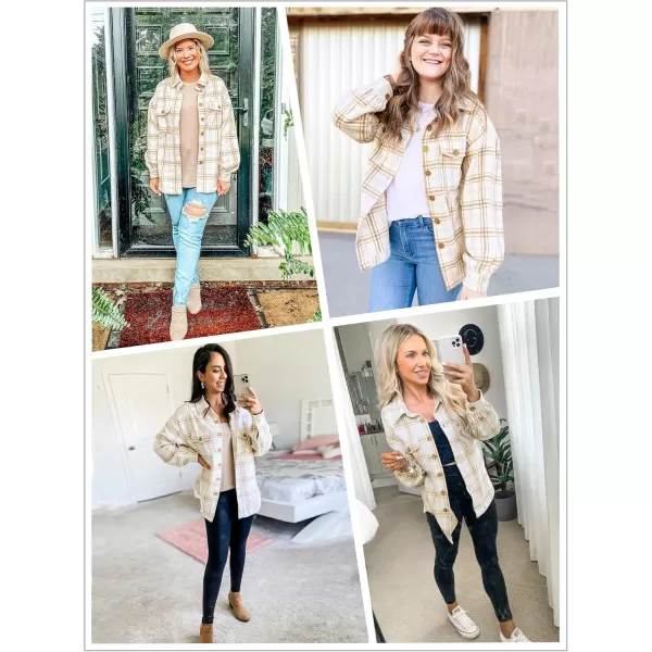 GRAPENT Womens Shacket Jacket Oversized Plaid Flannel Button Down Shirt Jackets Long Sleeve CoatsAlmond Cream Plaid