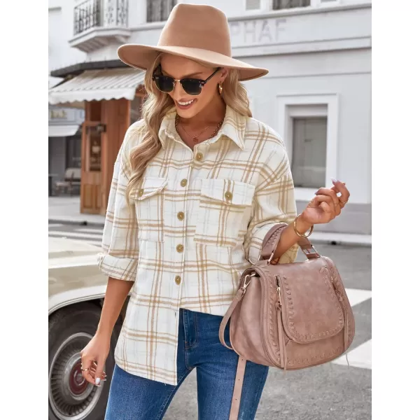 GRAPENT Womens Shacket Jacket Oversized Plaid Flannel Button Down Shirt Jackets Long Sleeve CoatsAlmond Cream Plaid