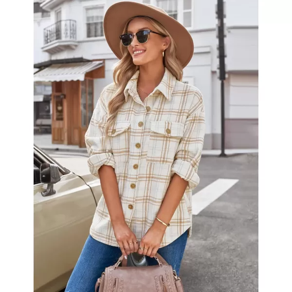 GRAPENT Womens Shacket Jacket Oversized Plaid Flannel Button Down Shirt Jackets Long Sleeve CoatsAlmond Cream Plaid