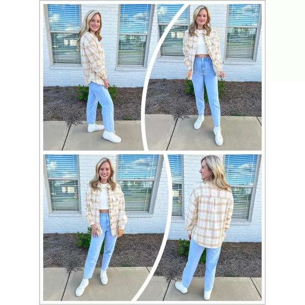 GRAPENT Womens Shacket Jacket Oversized Plaid Flannel Button Down Shirt Jackets Long Sleeve CoatsAlmond Cream Plaid