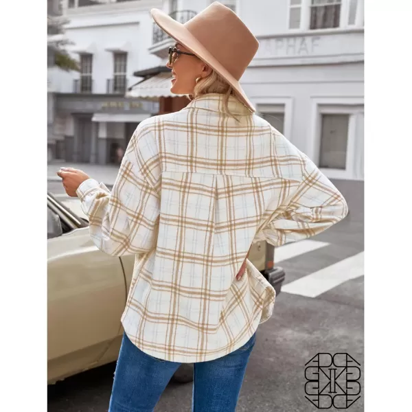 GRAPENT Womens Shacket Jacket Oversized Plaid Flannel Button Down Shirt Jackets Long Sleeve CoatsAlmond Cream Plaid