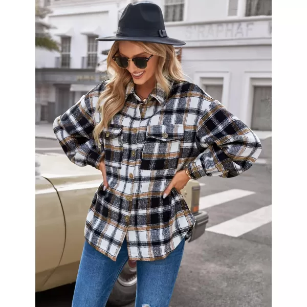 GRAPENT Womens Shacket Jacket Oversized Plaid Flannel Button Down Shirt Jackets Long Sleeve CoatsBlack  Brown Plaid
