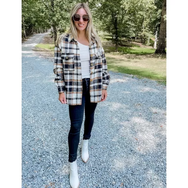 GRAPENT Womens Shacket Jacket Oversized Plaid Flannel Button Down Shirt Jackets Long Sleeve CoatsBlack  Brown Plaid