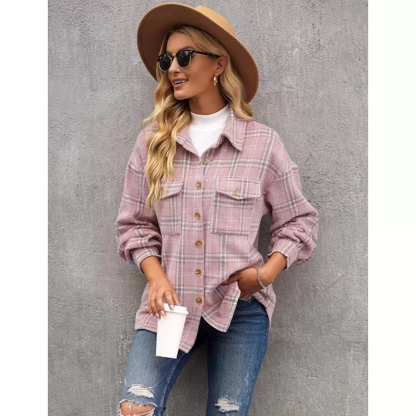 GRAPENT Womens Shacket Jacket Oversized Plaid Flannel Button Down Shirt Jackets Long Sleeve CoatsBleached Mauve Plaid