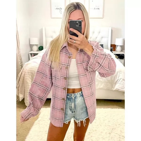 GRAPENT Womens Shacket Jacket Oversized Plaid Flannel Button Down Shirt Jackets Long Sleeve CoatsBleached Mauve Plaid