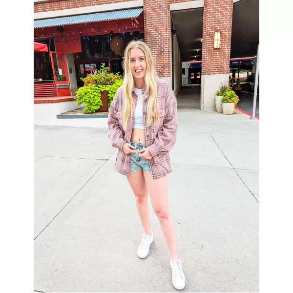 GRAPENT Womens Shacket Jacket Oversized Plaid Flannel Button Down Shirt Jackets Long Sleeve CoatsBleached Mauve Plaid