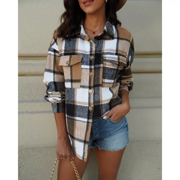 GRAPENT Womens Shacket Jacket Oversized Plaid Flannel Button Down Shirt Jackets Long Sleeve CoatsBrown Plaid