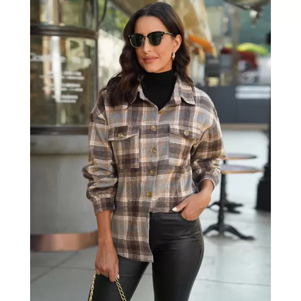 GRAPENT Womens Shacket Jacket Oversized Plaid Flannel Button Down Shirt Jackets Long Sleeve CoatsKhaki Brown Plaid