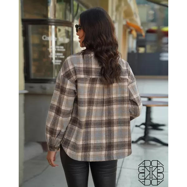 GRAPENT Womens Shacket Jacket Oversized Plaid Flannel Button Down Shirt Jackets Long Sleeve CoatsKhaki Brown Plaid