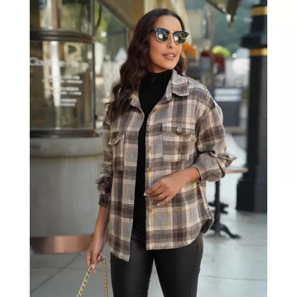 GRAPENT Womens Shacket Jacket Oversized Plaid Flannel Button Down Shirt Jackets Long Sleeve CoatsKhaki Brown Plaid