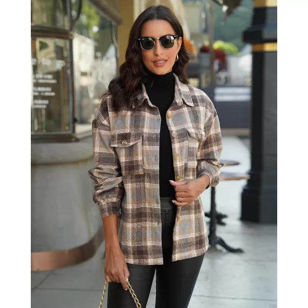 GRAPENT Womens Shacket Jacket Oversized Plaid Flannel Button Down Shirt Jackets Long Sleeve CoatsKhaki Brown Plaid
