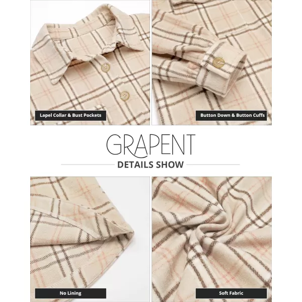 GRAPENT Womens Shacket Jacket Oversized Plaid Flannel Button Down Shirt Jackets Long Sleeve CoatsSand Beige Plaid