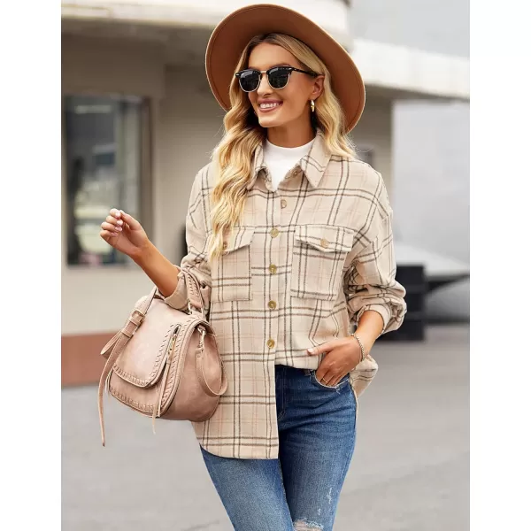 GRAPENT Womens Shacket Jacket Oversized Plaid Flannel Button Down Shirt Jackets Long Sleeve CoatsSand Beige Plaid