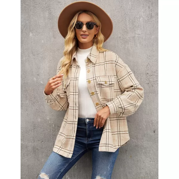 GRAPENT Womens Shacket Jacket Oversized Plaid Flannel Button Down Shirt Jackets Long Sleeve CoatsSand Beige Plaid