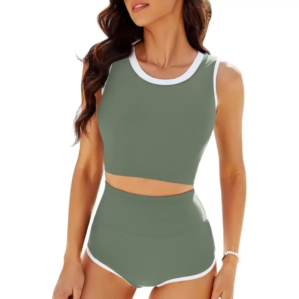 GRAPENT Bikini Sets for Women High Waisted Two Piece Bathing Suit Modest Swimsuits Full Coverage Beach Cropped TankiniArmy Green