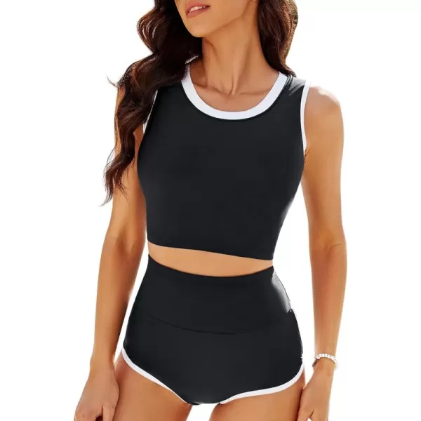 GRAPENT Bikini Sets for Women High Waisted Two Piece Bathing Suit Modest Swimsuits Full Coverage Beach Cropped TankiniBlack