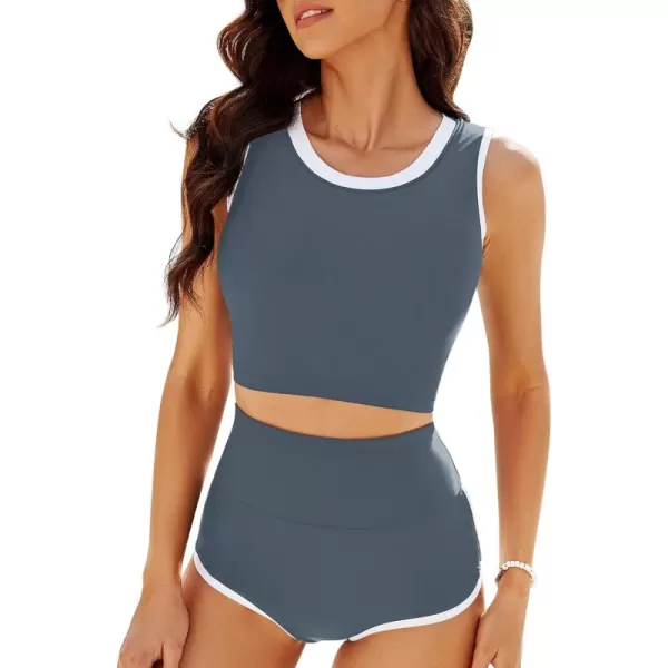 GRAPENT Bikini Sets for Women High Waisted Two Piece Bathing Suit Modest Swimsuits Full Coverage Beach Cropped TankiniDark Gray