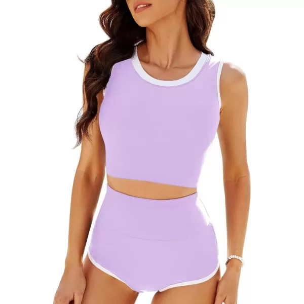 GRAPENT Bikini Sets for Women High Waisted Two Piece Bathing Suit Modest Swimsuits Full Coverage Beach Cropped TankiniLavender