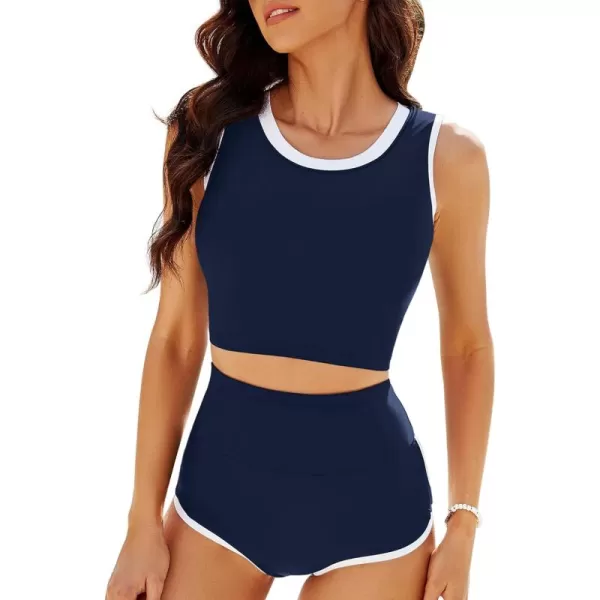 GRAPENT Bikini Sets for Women High Waisted Two Piece Bathing Suit Modest Swimsuits Full Coverage Beach Cropped TankiniNavy Blue