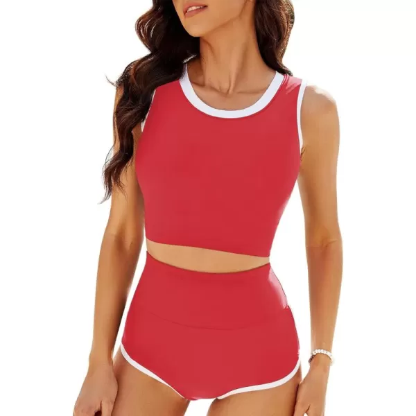 GRAPENT Bikini Sets for Women High Waisted Two Piece Bathing Suit Modest Swimsuits Full Coverage Beach Cropped TankiniRed