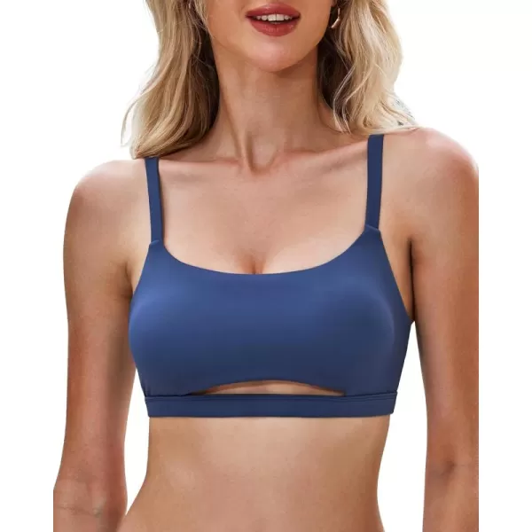 GRAPENT Bikini Tops for Women Cropped Tankini Tops Beach Padded Cut Out Adjustable Spaghetti Straps Swimwear Top OnlyGray Blue