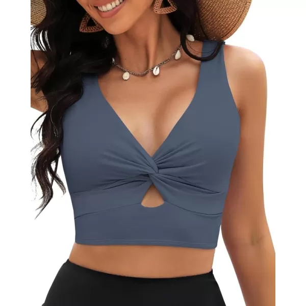 GRAPENT Bikini Tops for Women Cropped Tankini Tops Beach Padded Knot Twist Cut Out Adjustable Tank Swimwear Top OnlyDark Gray