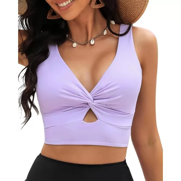 GRAPENT Bikini Tops for Women Cropped Tankini Tops Beach Padded Knot Twist Cut Out Adjustable Tank Swimwear Top OnlyLavender
