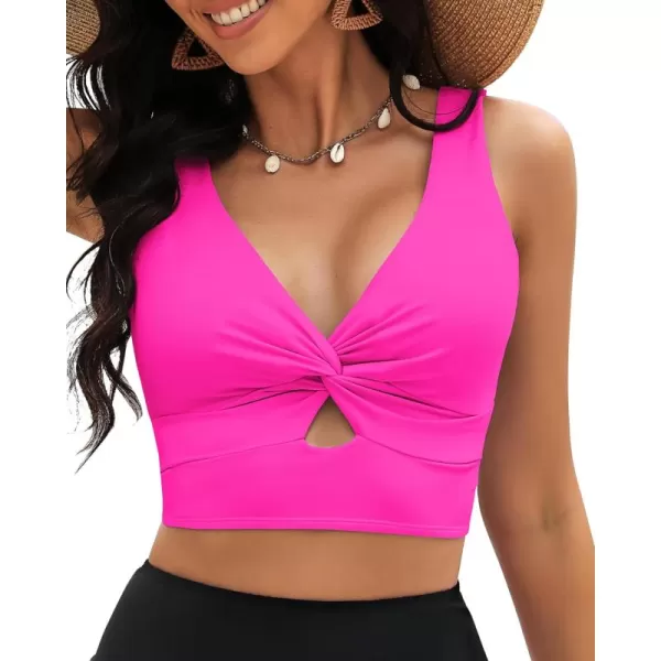 GRAPENT Bikini Tops for Women Cropped Tankini Tops Beach Padded Knot Twist Cut Out Adjustable Tank Swimwear Top OnlyNeon Pink