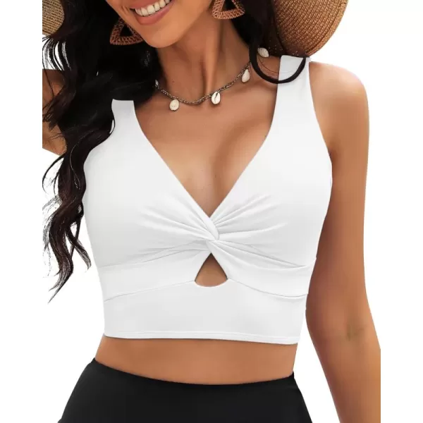 GRAPENT Bikini Tops for Women Cropped Tankini Tops Beach Padded Knot Twist Cut Out Adjustable Tank Swimwear Top OnlyWhite