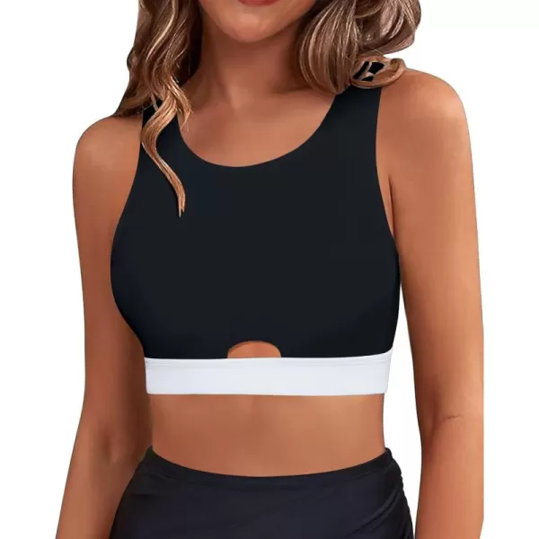 GRAPENT Bikini Tops for Women Cut Out Cropped Tankini Tops Beach High Neck Color Block Padded Swimwear Swim Tops OnlyBlack  White