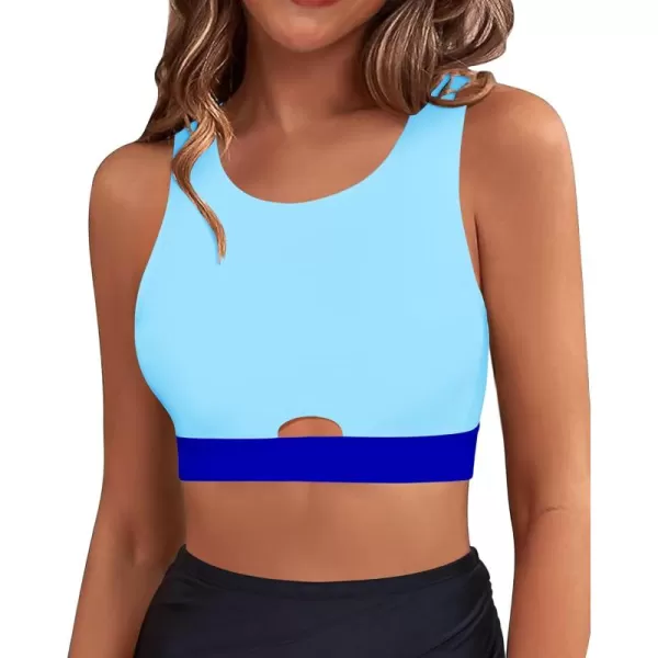 GRAPENT Bikini Tops for Women Cut Out Cropped Tankini Tops Beach High Neck Color Block Padded Swimwear Swim Tops OnlyBlue Block