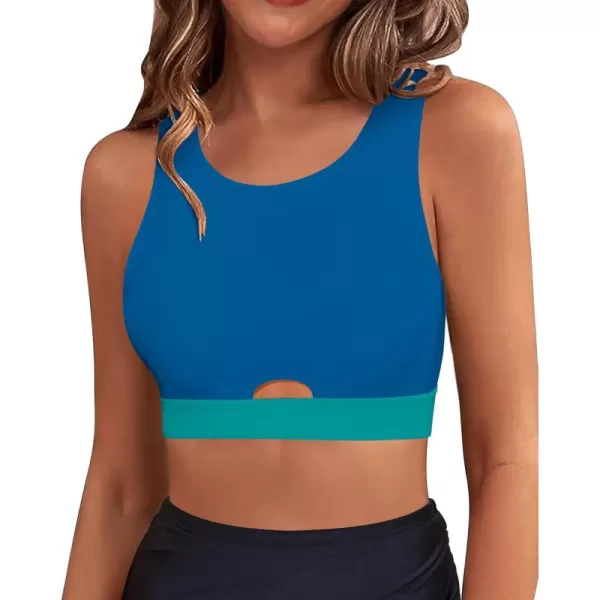 GRAPENT Bikini Tops for Women Cut Out Cropped Tankini Tops Beach High Neck Color Block Padded Swimwear Swim Tops OnlyLake Blue  Green
