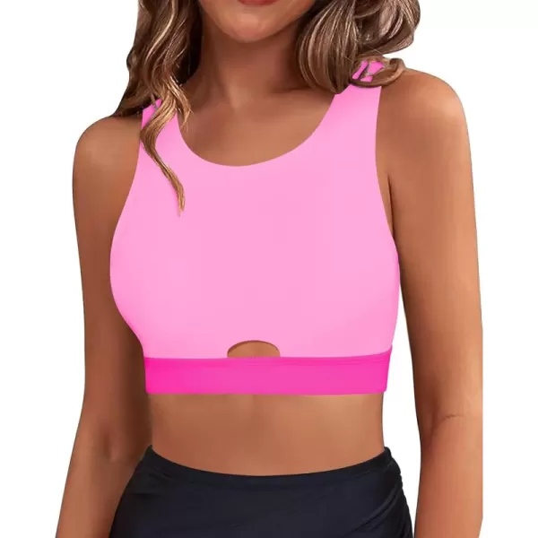 GRAPENT Bikini Tops for Women Cut Out Cropped Tankini Tops Beach High Neck Color Block Padded Swimwear Swim Tops OnlyPink Block