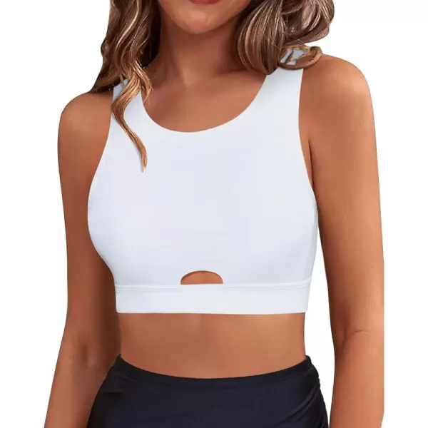 GRAPENT Bikini Tops for Women Cut Out Cropped Tankini Tops Beach High Neck Color Block Padded Swimwear Swim Tops OnlyWhite