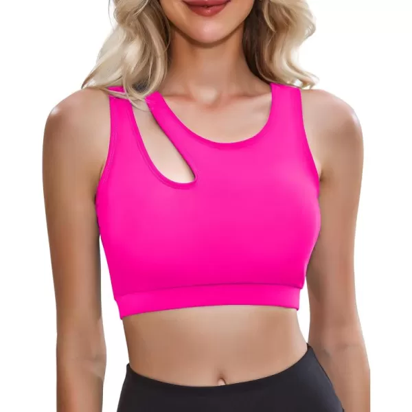 GRAPENT Bikini Tops for Women Cutout Cropped Sporty Tankini Tops Beach Vacation Bathing Suit Padded Swimwear Top OnlyNeon Pink