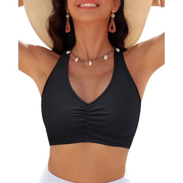 GRAPENT Bikini Tops for Women Ruched Cropped Tankini Tops Beach Adjustable Straps Bathing Suit Padded Swimwear Top OnlyBlack