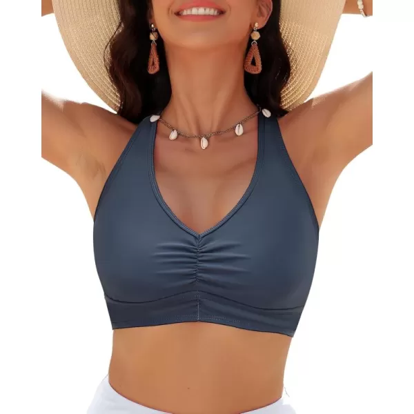 GRAPENT Bikini Tops for Women Ruched Cropped Tankini Tops Beach Adjustable Straps Bathing Suit Padded Swimwear Top OnlyDark Gray