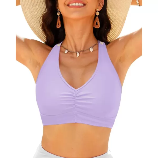 GRAPENT Bikini Tops for Women Ruched Cropped Tankini Tops Beach Adjustable Straps Bathing Suit Padded Swimwear Top OnlyLavender