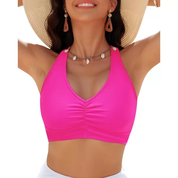 GRAPENT Bikini Tops for Women Ruched Cropped Tankini Tops Beach Adjustable Straps Bathing Suit Padded Swimwear Top OnlyNeon Pink