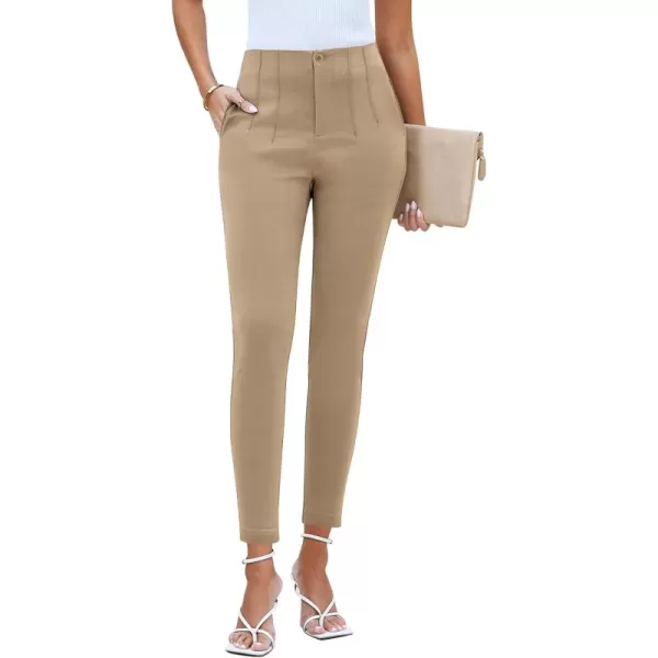 GRAPENT Cropped Pants for Women Dressy Casual High Waisted Pleated Pants Lightweight Stretch Slim Ankle Trousers PantsBeige